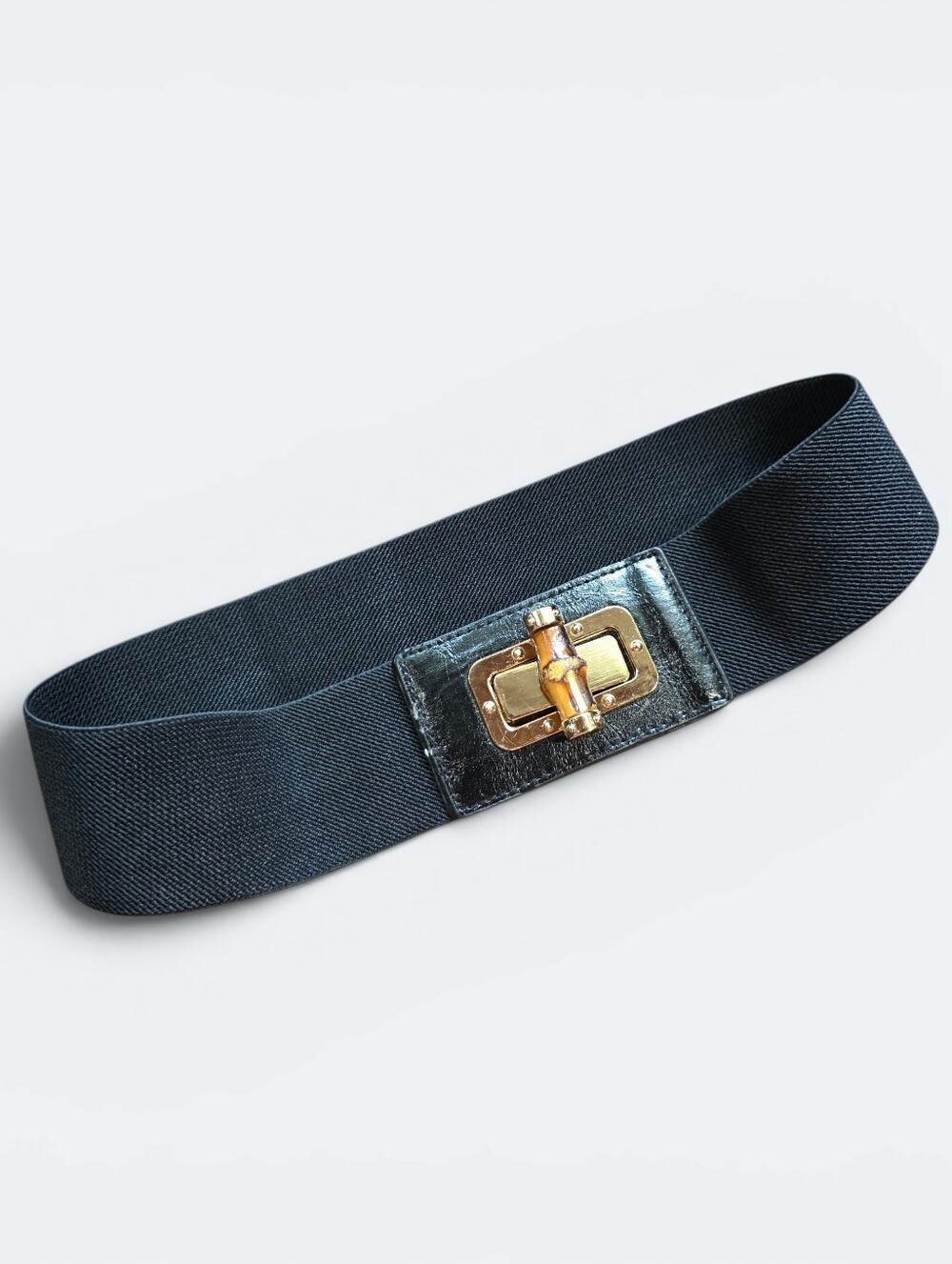 Black Wide Elastic Waist Belt Bamboo Turn Lock Buckle Stretch Cinch Belt